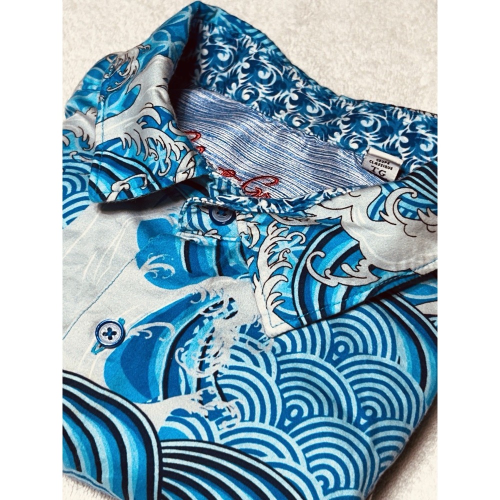 Robert Graham Crashing Wave Shirt Men XL Blue Great Wave All Over Print Luxury